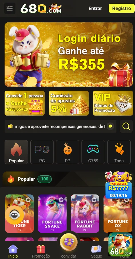 Interface premium do app 68q.com com ofertas de bônus